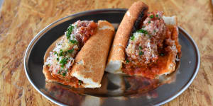 Meatball sub served in a Vietnamese bread roll.