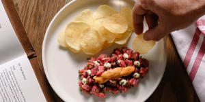 At The Rover,lobes of roe are draped over a mound of finely chopped steak tartare.