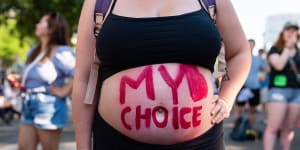 A slogan written on an abortion rights demonstrator’s body,outside the US Supreme Court in Washington,DC,on Saturday,June 25.