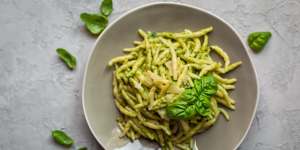 Trofie al pesto,a twisted pasta from the Liguria region.