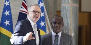 Jeremiah Manele and Anthony Albanese during a joint press conference at Parliament House.