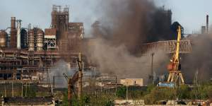 Smoke rises from the Metallurgical Combine Azovstal in Mariupol during shelling.