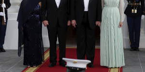 Prime Minister Scott Morrison and his wife Jenny are greeted by US President Donald Trump and his wife Melania before the state dinner.