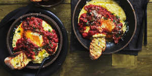 Baked eggs with chorizo,peppers and soft polenta.
