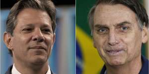 Fernando Haddad,left,has accused Jair Bolsonaro,right,defaming him via fake news.