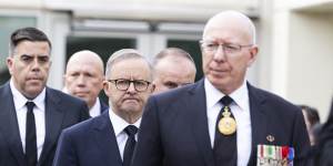 Speaker Milton Dick,Opposition Leader Peter Dutton,Prime Minister Anthony Albanese and Governor-General David Hurley arrive at the wreath laying ceremony.