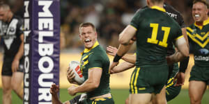 Lindsay Collins celebrates one of his two tries at AAMI Park.