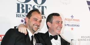 Daniel Humm and his business partner Will Guidara celebrate at the World's 50 Best Restaurants awards in Melbourne. 