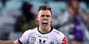 The outstanding Ryan Papenhuyzen celebrates after his long-range try.