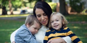 Stella Moris with her kids,Max,18 months,and Gabriel,3,in London.
