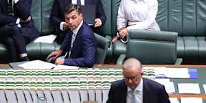 Opposition Leader Angus Taylor and Prime Minister Anthony Albanese ahead of Question Time at Parliament House in Canberra on Monday 2 March 2026. fedpol Photo:Alex Ellinghausen