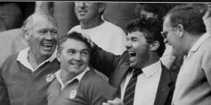 John Monie celebrates as the final whistle sounds in the 1986 grand final.