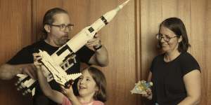 Rod and Deonie Fiford and Niamh with the rocket that rekindled his passion for building blocks.