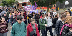 University of Melbourne staff marching through Carlton as part of a strike involving four other universities.