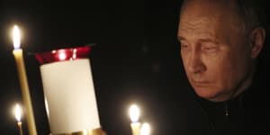 Russian President Vladimir Putin at a vigil for the victims of the Moscow concert attack. He has blamed it on Ukraine,others say he’s neglected the internal security.