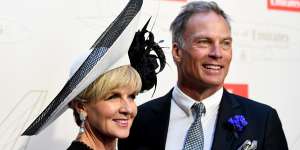 Former foreign minister Julie Bishop and'boyfriend'David Panton in the Emirates marquee on Derby Day.
