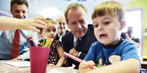 Federal Opposition leader Bill Shorten visited a Childcare centre in Ranwick to talk about Childcare . Pic nick Moir 20 feb 2015