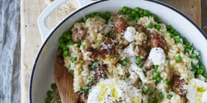 Risotto with crumbled and fried sausages.