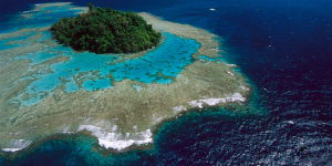 Coral reefs and islands at Kimbe Bay,West New Britain Island,Papua New Guinea.