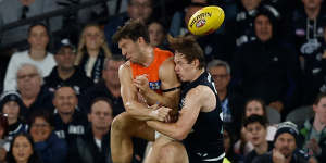 Toby Greene was suspended after this clash with Carlton’s Jordan Boyd