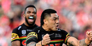 Panthers prop Moses Leota celebrates a rare try.