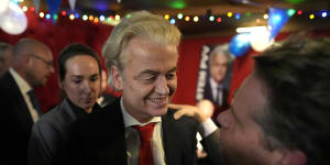 Geert Wilders,leader of the Party for Freedom,known as PVV,talks to his supporters.