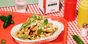 Crinkle-cut fries with jalapeno,mozzarella and basil at Dan’s Diner.