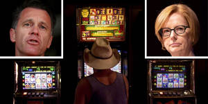 The problem with pokies:NSW Labor leader Chris Minns and former PM Julia Gillard.