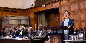 Aung San Suu Kyi defends her country against accusations of the Rohingya genocide at the top UN court in the Hague in the Netherlands on December 11,2019. 