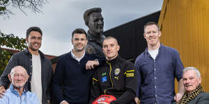 Richmond’s 300-gamers (from left):Kevin Bartlett,Shane Edwards,Trent Cotchin,Dustin Martin,Jack Riewoldt and Francis Bourke.