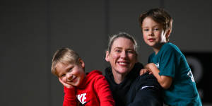 Lauren Jackson with sons Lenny and Harry in 2022.