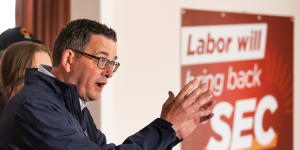 Daniel Andrews campaigning in Yallourn with a promise to “bring back the SEC”.