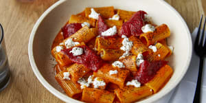 Go-to dish:Rigatoni with fermented chilli,piquillo peppers,black lime and marinated goat's cheese.