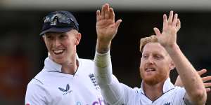 Ben Stokes (right) celebrates a wicket with Zak Crawley on day four of the third Test against South Africa on Sunday.