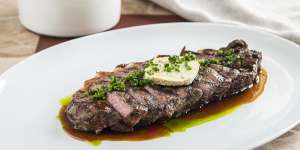 300g Riverina Angus New York cut steak frites with caper butter.