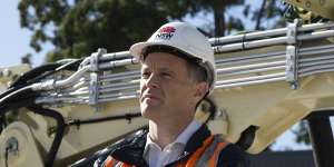Premier Chris Minns on Wednesday at a tunnelling site for the Western Harbour Tunnel on Sydney’s north shore.