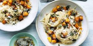 Spaghetti with pumpkin,thyme and brown butter.