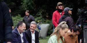 Veteran cast members Paul Keane and Stefan Dennis,both of whom appeared in the first and last episodes of Neighbours,enjoy a joke in a break between takes.