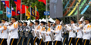 Marching bands of the Taiwanese tri-service Honour Guards perform in Taipei.