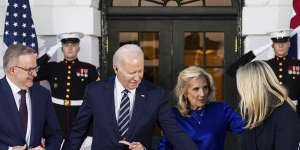 Prime Minister Anthony Albanese (left) and Jodie Haydon (right) arrive for a private dinner with President of the United States Joe Biden and First Lady Dr Jill Biden. 