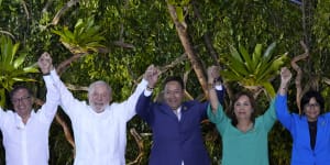 Leaders of South American nations pose for a group photo during the Amazon Summit in Belem,Brazil. From left:the presidents of Colombia,Gustavo Petro;Brazil,Luiz Inacio Lula Da Silva;Bolivia,Luis Arce;Peru,Dina Boluarte,and Venezuela’s Vice President Delcy Rodriguez. 