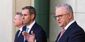 Anthony Albanese announces the national fuel crisis plan on Monday,alongside ministers Chris Bowen and Jim Chalmers.