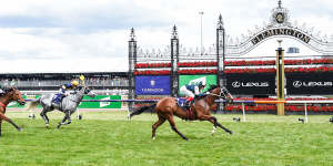 Soulcombe,ridden by Craig Williams,wins the Queen’s Cup at Flemington. Connections,including a selection of Tigers stars,are already eyeing the 2023 Melbourne Cup.