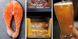 Salmon,Tim Tam,beer