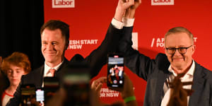 Labor leader Chris Minns with Prime Minister Anthony Albanese address party supporters at the election night function in Sydney’s Brighton-Le-Sands.