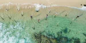 Sri Lankan fishermen photographed with a drone camera.