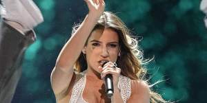 Australian singer Silia Kapsis,representing Cyprus,on the Eurovision stage.