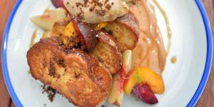 French toast with stone fruit and coffee mascarpone.