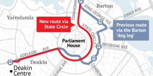 Light rail likely to go east around Parliament House to get to Woden
