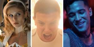 Top streaming in June (from left):Erin Moriarty as Starlight in The Boys,Millie Bobby Brown as Eleven in Stranger Things and Devin Way as Brodie in Queer As Folk.